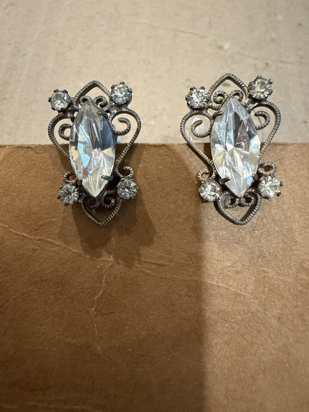 Vintage Clear Rhinestones Earrings Pierced Silver Tone Metal
